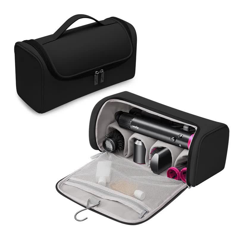 NNEDSZ Black Portable PU Storage Bag for Hair Curlers, Hair Dryers, and Styling Tools(Hair dryers, etc. are shooting props and are not included in the product)